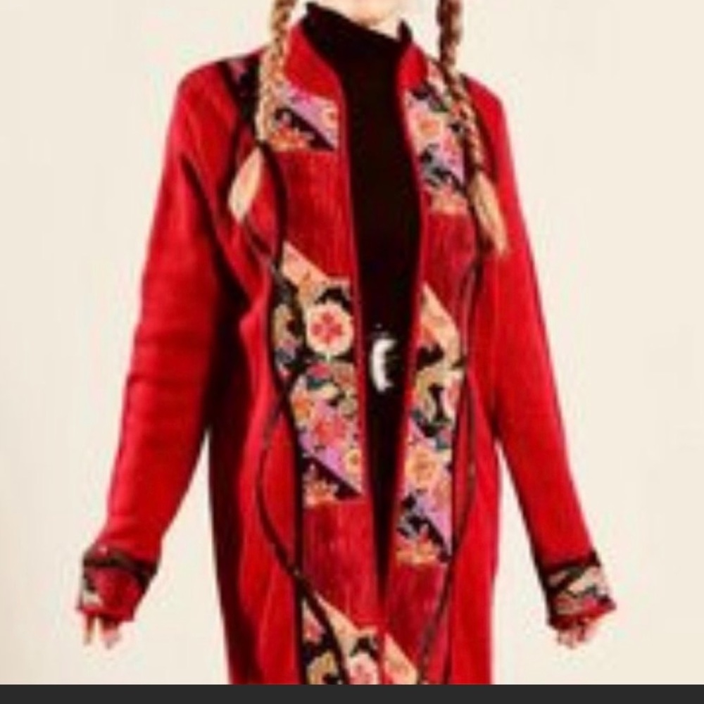 FARM RIO look!!!! robyn_gonzalez “Koos of course”Silk Wool Blend LongCardiganRed